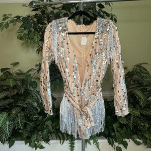 Sequin V-Neckline Mesh Romper with Tassels & Belt